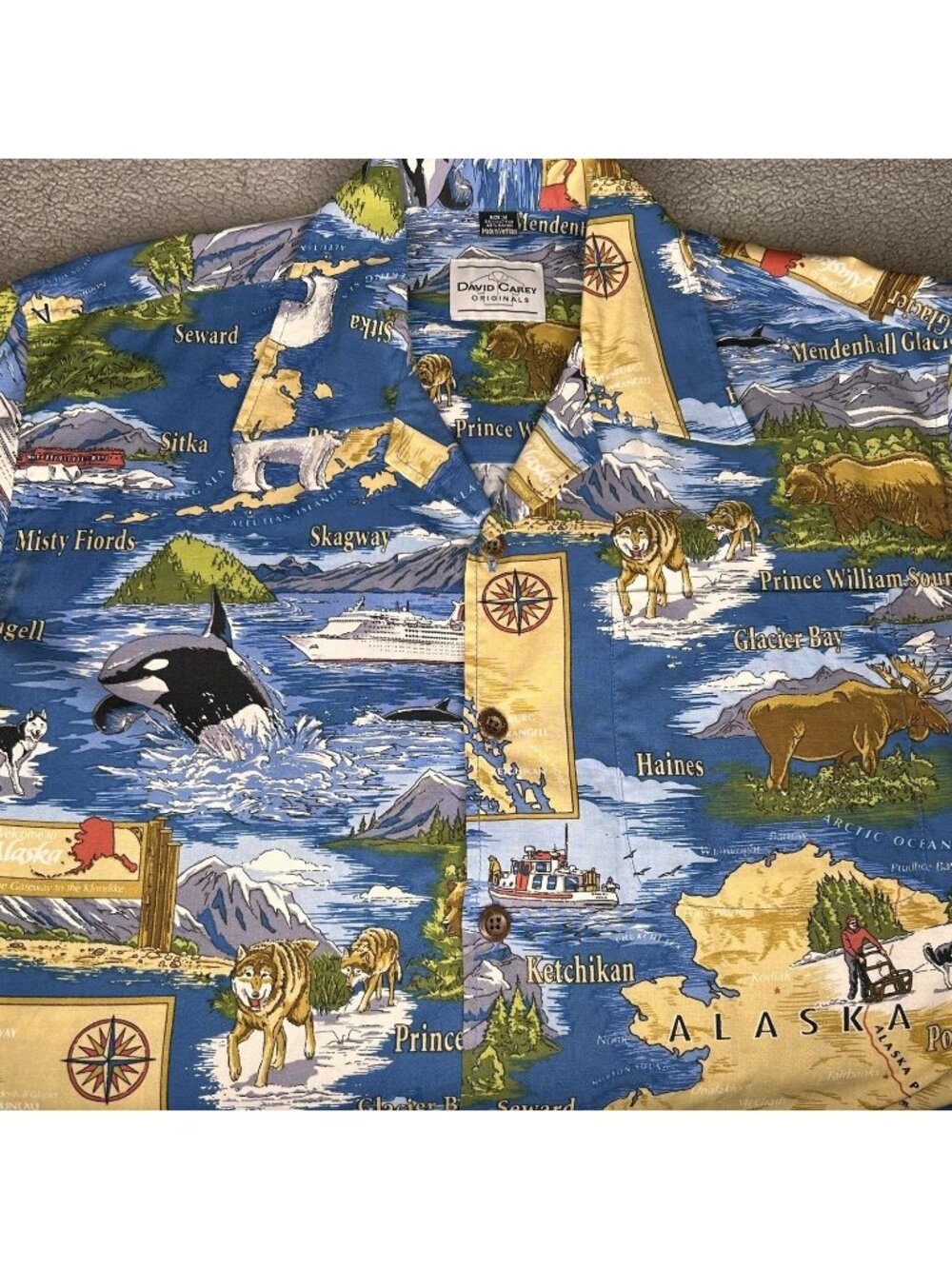 David Carey Originals Shirt Men M Blue Alaska Map Wildlife Button Up Cruise Ship